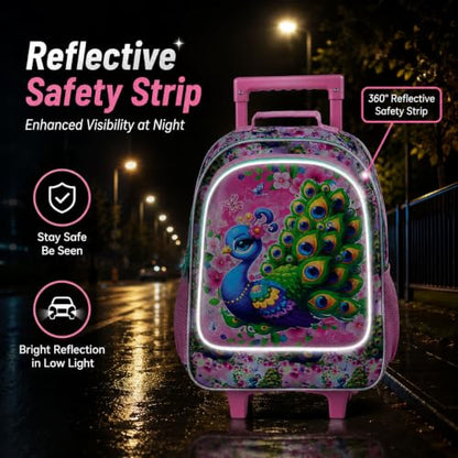 UFNDC 4PCS Girls Backpack with Wheels, Cute Kids Peacock Wheeled Backpack，Roller School Bag with Wheels for Elementary Preschool Travel - color: UV Printing Green Peacock Rolling Backpack