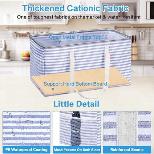 LHZK Standing Extra Large Utility Tote Bag with Metal Wire Frame and the Sides Rinforced, Extra Large Tote Bag with Handle, Reusable Grocery Bags Foldable, Beach Bag, Car Tote (Blue) - color: Blue, size: 22.5''x10.5''x12''-1 Pack
