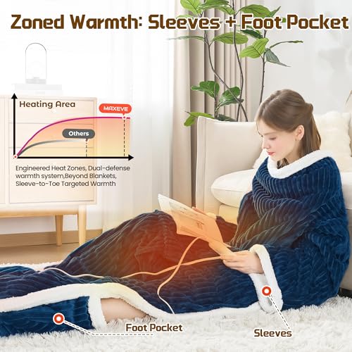 Wearable Heated Blanket with Sleeves& Foot Pocket Electric Robe, Navy - color: Navy Blue