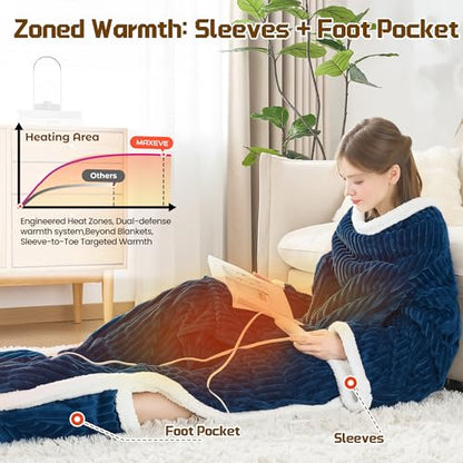 Wearable Heated Blanket with Sleeves& Foot Pocket Electric Robe, Navy - color: Navy Blue