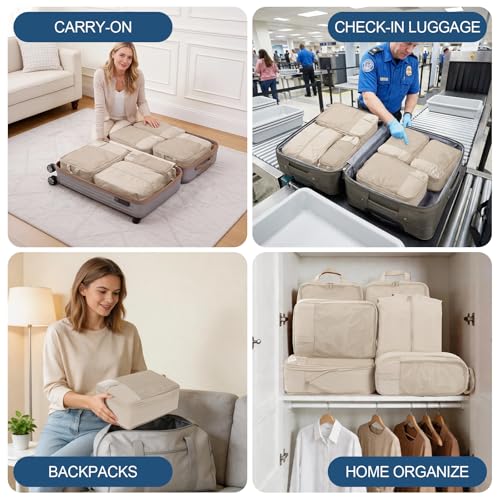 Compression Packing Cubes for Travel - Double Zipper Luggage Organizer Bags for Suitcases (6-Pack, Beige) - color: Beige