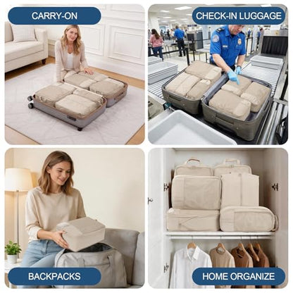 Compression Packing Cubes for Travel - Double Zipper Luggage Organizer Bags for Suitcases (6-Pack, Beige) - color: Beige