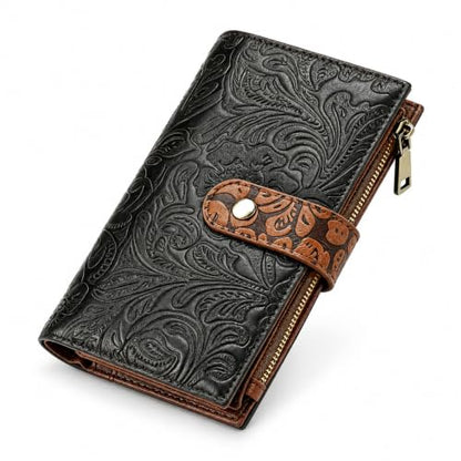 GOIACII Women's Wallet RFID Blocking Leather Trifold Credit Card Holder - color: B04 Black & Brown