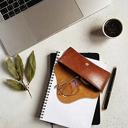 LogHog Portable Leather Glasses Case,Flexible Sunglasses Pouch Slim Case for Women Men Horizontal Eyeglass Case - color: Button - Brown