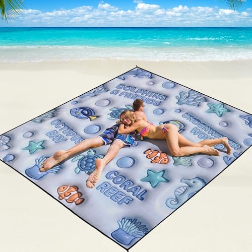 WIWIGO Beach Blanket Mat Waterproof Sandproof for 2-8 Adults Quick Drying - color: 3d - Ocean Light Blue, size: 79" X 83"（1-4person）
