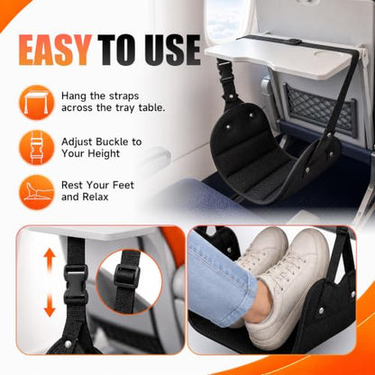 6 Pcs Black Airplane Foot Hammock No Collapse Footrest Hammock with Extended Adjustment Strap Long Trip Foot Rest Airplane Travel Essentials for Long Flight Travel Office Home