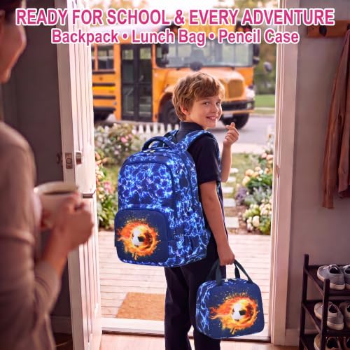 Boys Backpack Set 3PCS Ages 6-12, Kids School Backpack - color: Flame Soccer Blue