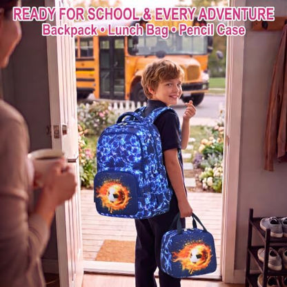 Boys Backpack Set 3PCS Ages 6-12, Kids School Backpack - color: Flame Soccer Blue