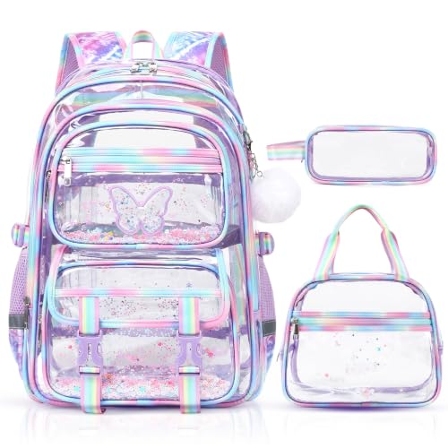 3PCS Glitter Clear Backpack for Girls with Lunch Box & Pencil Pouch(Purple) | Kid Transparent Bookbag with Lunch Bag, Heavy Duty PVC See Through, School Stadium Events Approved for ELementary Preschool - color: Purple Butterfly