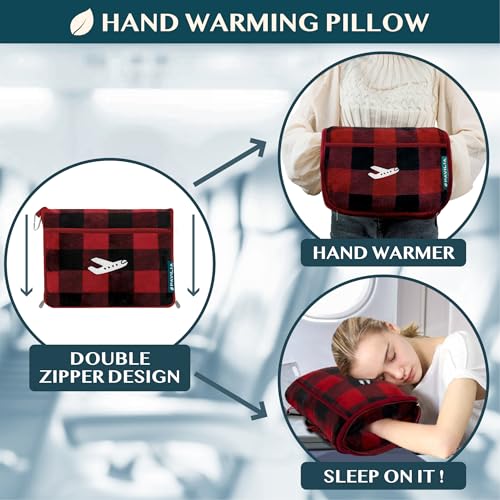 PAVILIA Travel Blanket and Pillow, Soft Ribbed Fleece Airplane, Plaid Red - color: Checkered Red
