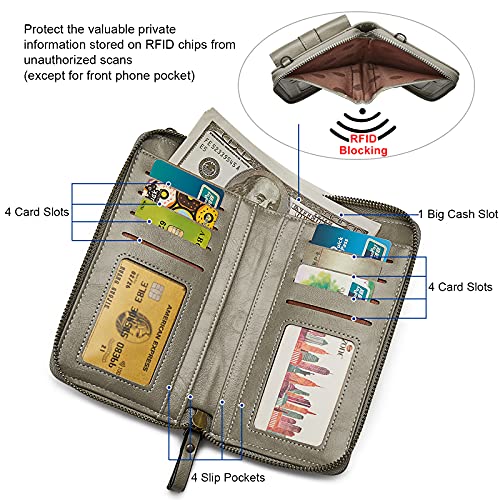 S-ZONE Women RFID Blocking Crossbody Cell Phone Purse PU Leather Wallet - color: Grey