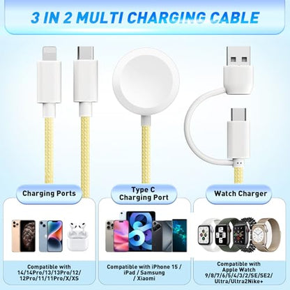 Rose Tattoo 3 in 2 USB C Charging Charger Cable Compatible with Apple Watch - color: Lemon Yellow