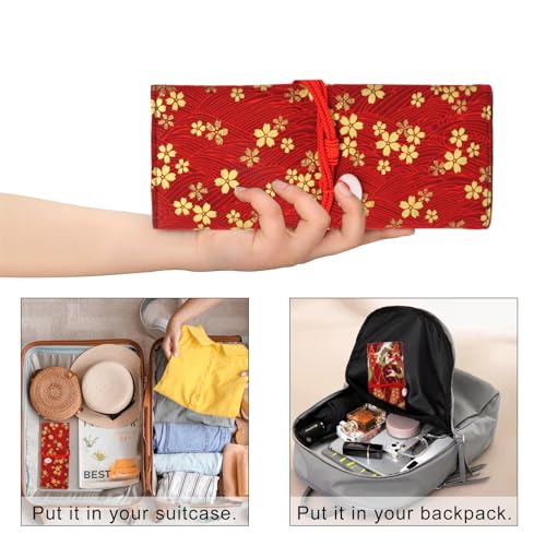 Honbay Japanese Style Red Koi Makeup Brush Rolling Case Makeup Brush Bag Pouch Holder Travel Portable Cosmetics Brushes Organizer Bag with 13 Slots