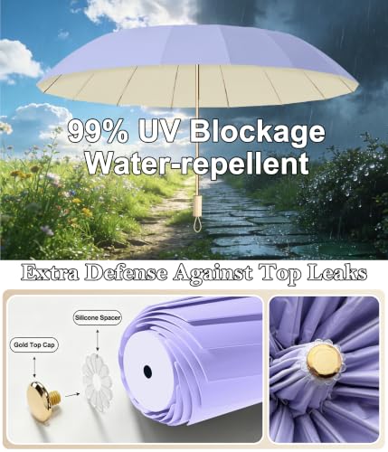 Sun Umbrella UV Protection Cute Windproof Walking Parasol for Women - color: Purple & Beige