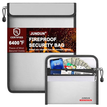 JUNDUN 6400°F Fireproof Document Bag,15"x11" & 8.5"x6" - color: Silver