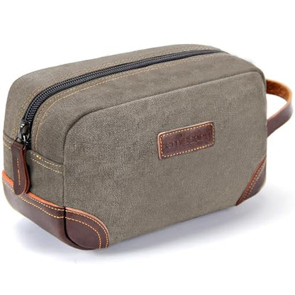 emissary Men's Canvas Travel Toiletry Bag, Leather Dopp Kit - Light Gray | Durable canvas & PU leather, water-resistant lining, side handle; roomy men's Dopp kit for travel & gym - color: Light Gray