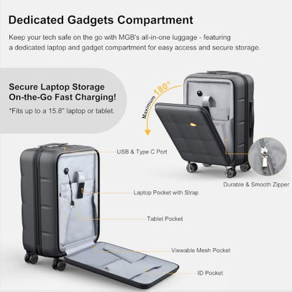 MGB Hardshell Carry on Luggage with Front Compartment, 20"- Charcoal Grey - color: Charcoal Grey, size: Carry-On 20 inch