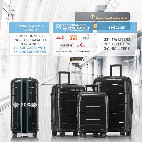 3-Piece Luggage Set Expandable Hardside Polypropylene Suitcase Set with TSA Locks & 8 Silent Spinner Wheels Lightweight Nested Suitcases Travel Set American Airline-Approved Carry-On - Black - color: Black, size: 3-Piece Set