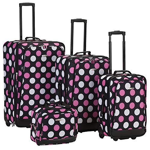 Rockland Escape 4-Piece Softside Upright Luggage Set, Telescoping Handles, Multi/Pink Dot, (14/19/24/28) - color: Multi Pink Dot, size: 4 Piece (28"/24"/19"/14" Tote)
