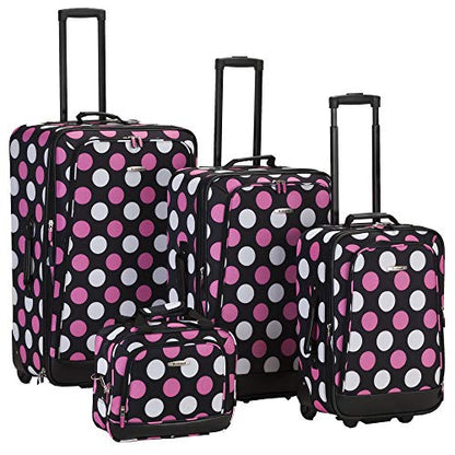 Rockland Escape 4-Piece Softside Upright Luggage Set, Telescoping Handles, Multi/Pink Dot, (14/19/24/28) - color: Multi Pink Dot, size: 4 Piece (28"/24"/19"/14" Tote)