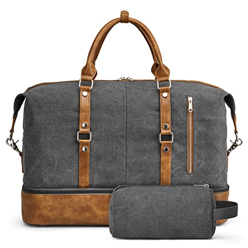 S-ZONE Weekender Bag for Men Large Canvas Duffle Overnight Travel Bag Grey | Anti-wrinkle Canvas,Adjustable Shoulder Strap,1 Main Compartment and 7 Pockets,with Shoe Compartment - color: B-Grey