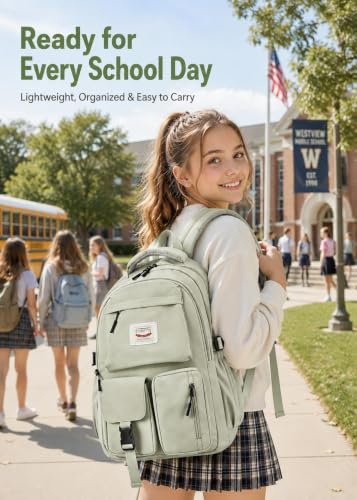 FIORETTO Backpack for School, Teen Girls & Women, School Bag Bookbag with Multi Pockets - color: Green
