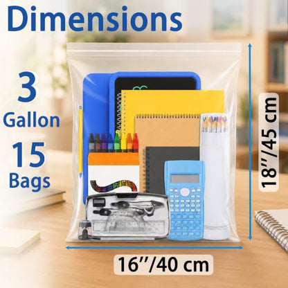Large 3 Gallon Zippered Plastic Bags for Storage - size: 3 gal-15 pack