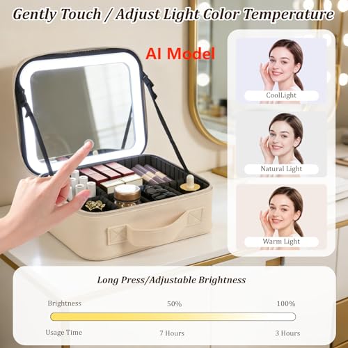 Travel Makeup Bag with Mirror & 8 Adjustable EVA Dividers, Beige - color: Beige-8 Dividers