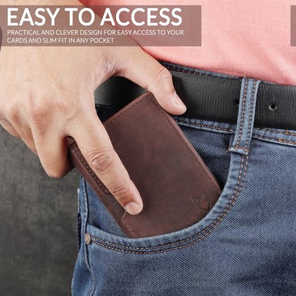 FOXHACKLE Full Grain Leather Credit Card Holder for Men and Women, Slim Bifold RFID Blocking Wallet, Thin Front Pocket Minimalist Wallet, Small Card Case. - color: Hunter Coffee Brown