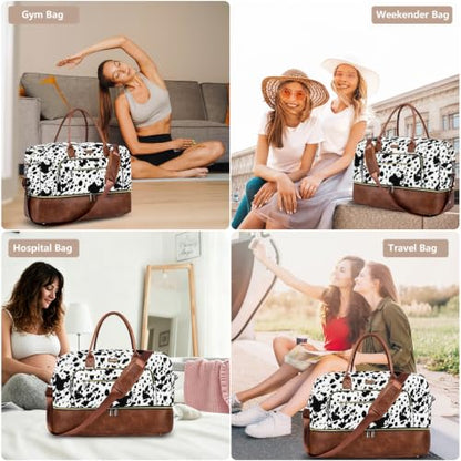 Large Women Travel Weekender Bag: Carry on Duffle with Shoe Compartment - color: Black Cow Print