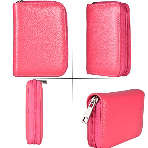 Easyoulife Genuine Leather Credit Card Holder Zipper Wallet With 26 Card Slots - color: Rose, size: small