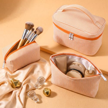 Huhumy 3Pieces Cute Seersucker Makeup Bag Set for Women, Orange, Stripe - color: Orange, style: Stripe