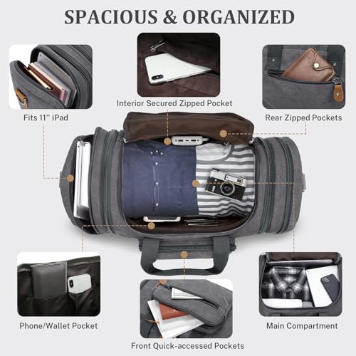 Gonex Canvas Duffle Bag, Expandable 60L Travel Overnight Weekender Bag - color: Grey, size: X-Large-60L (With Toiletry Bag)