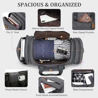 Gonex Canvas Duffle Bag, Expandable 60L Travel Overnight Weekender Bag - color: Grey, size: X-Large-60L (With Toiletry Bag)
