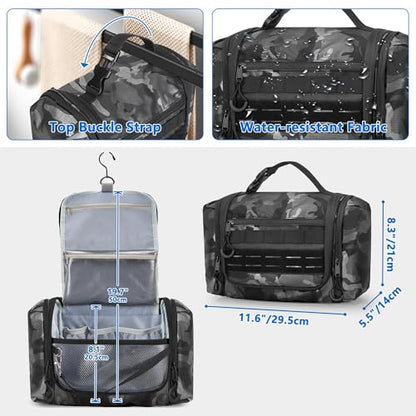 Hanging Toiletry Bag for Men, Tactical Dopp Kit Toiletry Travel Bag - color: Black Camo