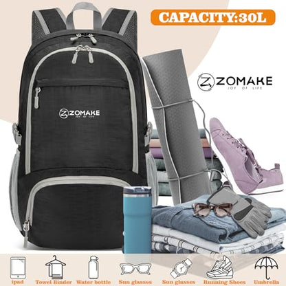 ZOMAKE Lightweight Packable Backpack 30L, Foldable Travel Hiking Daypack - color: A-pure Black