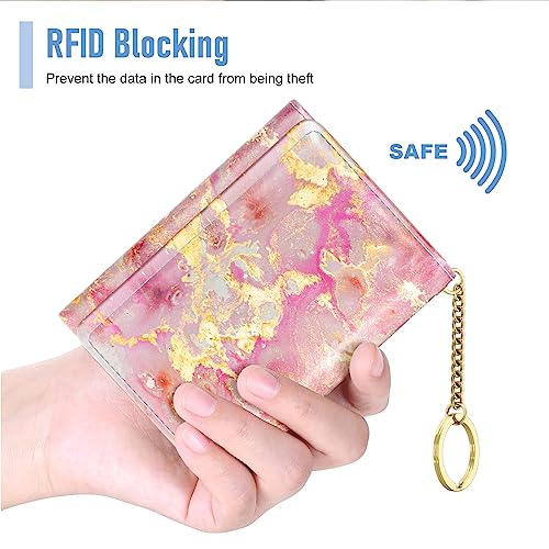 Rouidr Womens Wallet, Small Slim RFID Card Wallets for Women, Cute Front Pocket Trifold Leather Card Organizer with 7 Slots & ID Window, Gold Pink Marble - color: Gold Pink Marble