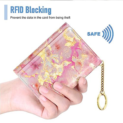 Rouidr Womens Wallet, Small Slim RFID Card Wallets for Women, Cute Front Pocket Trifold Leather Card Organizer with 7 Slots & ID Window, Gold Pink Marble - color: Gold Pink Marble
