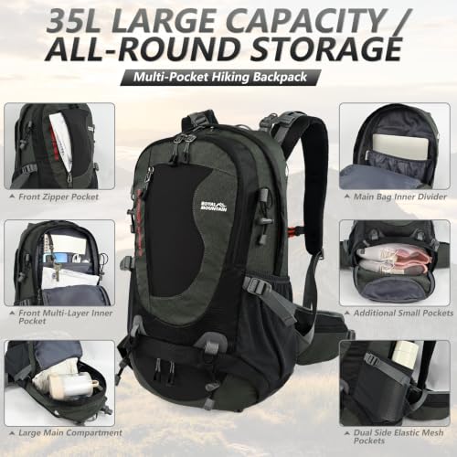 35L Water-resistant Hiking Backpack, Lightweight Backpack For Unisex (Grey) - color: Grey