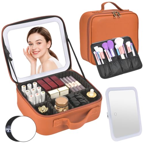 Travel Makeup Bag with Mirror & 8 Adjustable EVA Dividers, Camel - color: Camel-8 Dividers