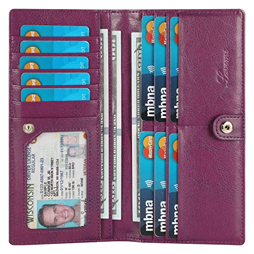 Lavemi Ultra Slim Thin Leather Women Wallet RFID Blocking Credit Card Holder Bifold Long Ladies Billfold - color: 1-waxed Purple