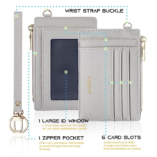 Wikavanli Women Slim Rfid Blocking Credit Card Case Holder Wristlet Zip ID Case Wallet Small Compact Leather Wallet Coin Purse with Keychain (Light Gray) - color: Light Gray