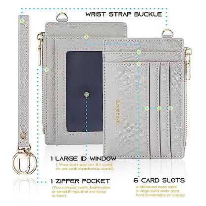 Wikavanli Women Slim Rfid Blocking Credit Card Case Holder Wristlet Zip ID Case Wallet Small Compact Leather Wallet Coin Purse with Keychain (Light Gray) - color: Light Gray