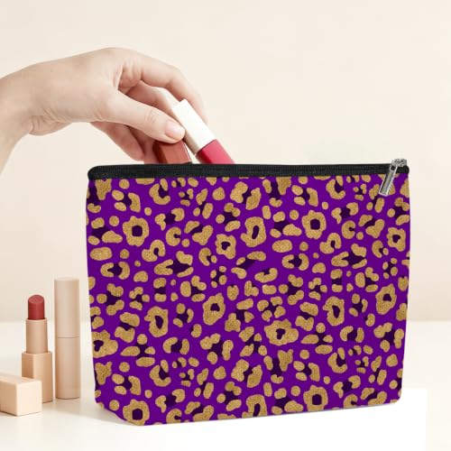 Purple Leopard Print Makeup Bag Cosmetic Bag, Makeup Organizer for Women - color: Purple Gold Black Leopard 582