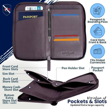ALLEN & MATE Leather Passport Holder for Travel, RFID Zip Travel Wallet - color: Brown