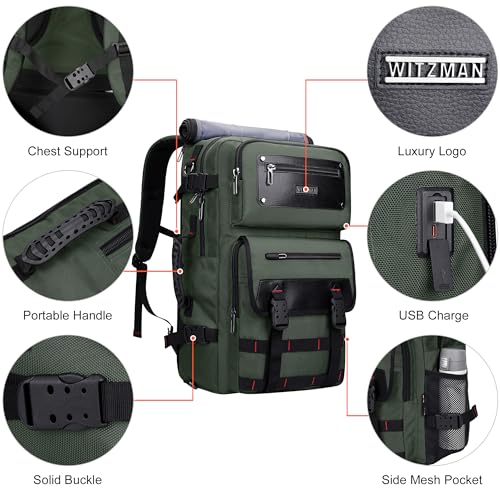 WITZMAN Travel Backpack for Men Duffle Bags Fits 17 Inch Laptop - color: Army Green