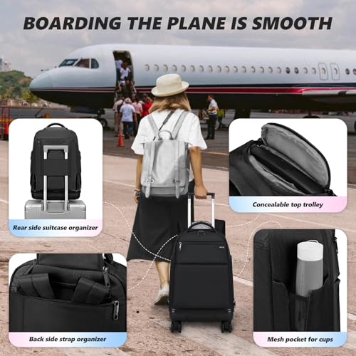 Rolling Backpack with Removable Wheels, 18 inch Computer Laptop Bag Carry on Travel Wheeled Business Backpack for Women Men - color: Black
