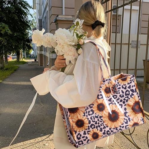 KALIDI PVC Tote Bag Women’s Kraft Paper Work Handbags Purses with Top Handle - color: Leopard Sunflower