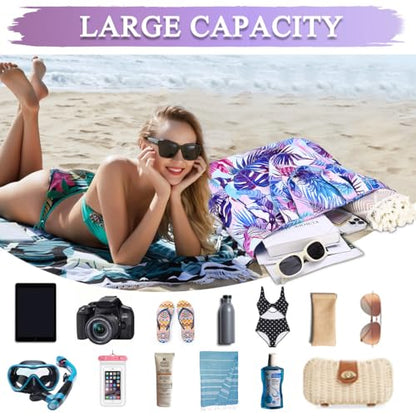 VASCHY Beach Tote Bag for Women, Lightweight Water Resistant Fold-able Large Pool Tote Bag w Zipper for Vocation - color: Purple Pineapple