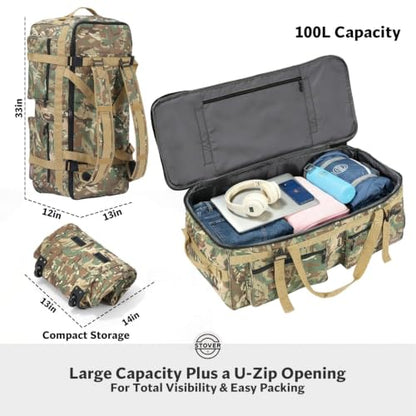 STOVER 45/80/100L U-Zip Rolling Duffel Bag with Wheels, X-Large Durable Travel Duffle + Toiletry Bag, Lay-Flat Opening, Packable w/Shoulder Straps- Use as Luggage or Backpack, Men/Women (Camouflage) - color: U-Zip Voyager Camouflage